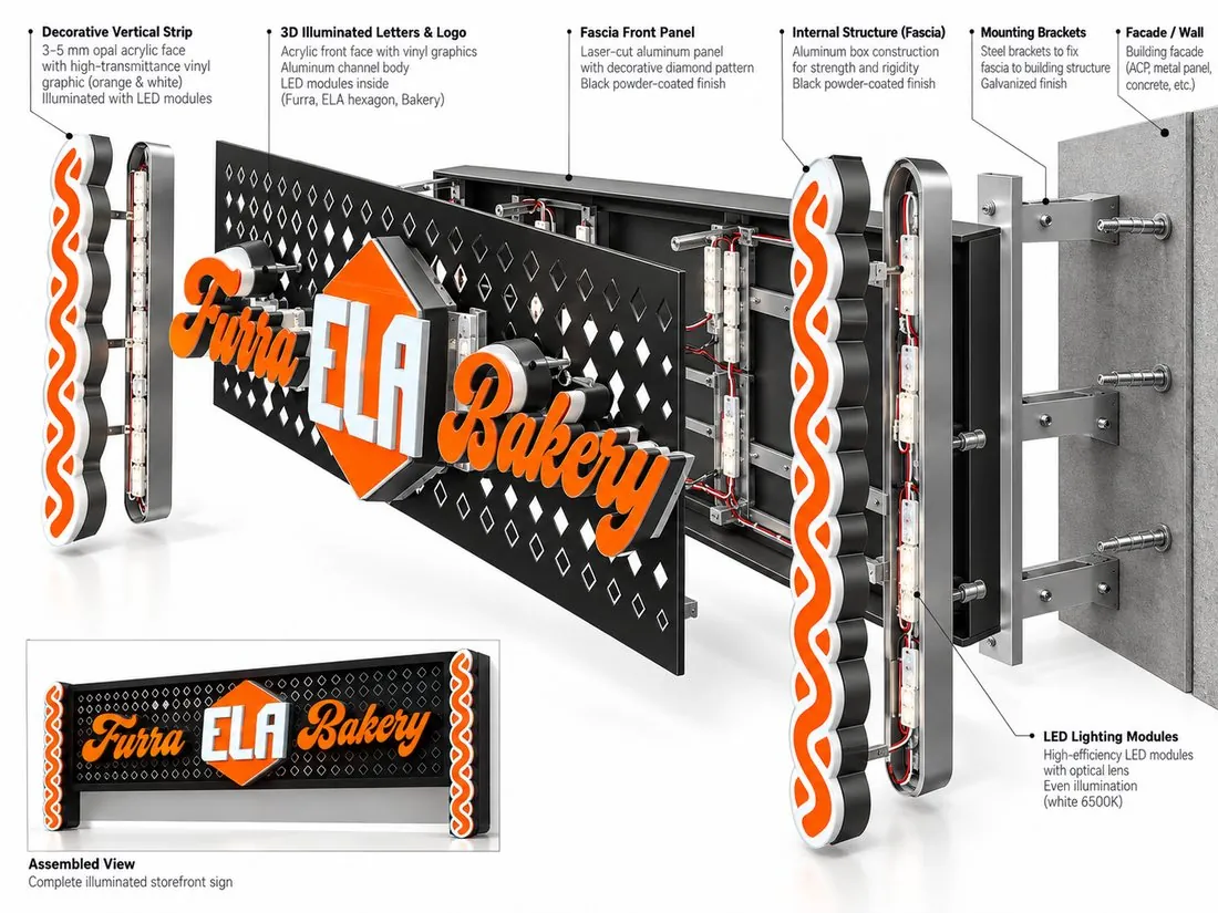 Exploded view: illuminated Furra ELA Bakery sign