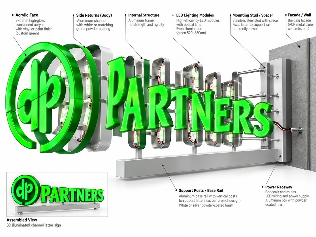 Exploded view: illuminated PARTNERS letters